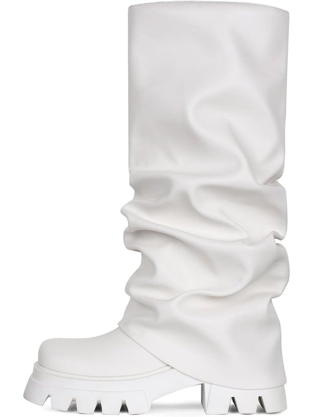 Women's White Fold Over Boots Slouchy Boots Wide Calf Pleated Platform Boots